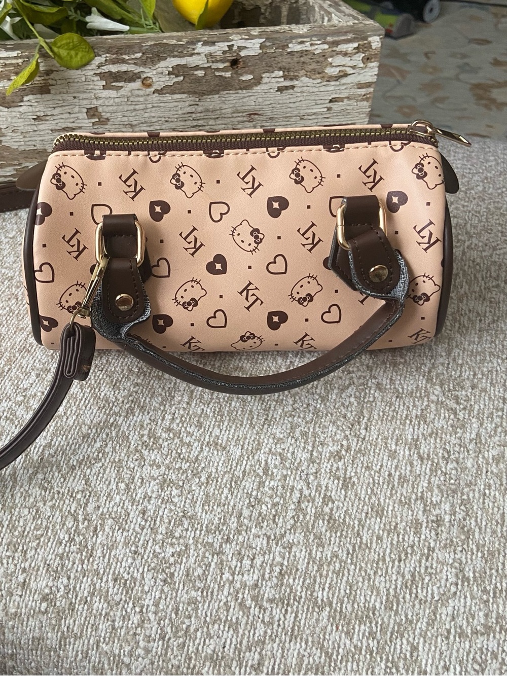 Hello Kitty KT Monogram Leather Barrel Bag Boston Bag Vintage-Esque Logo Design